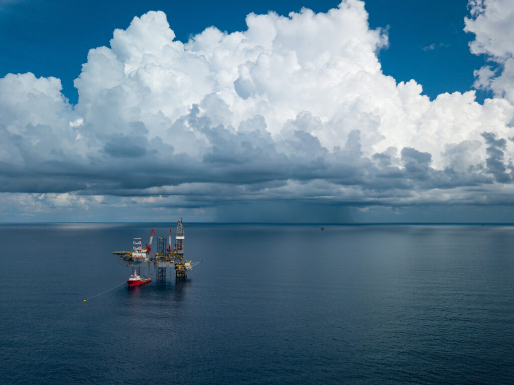 Aerial view of an offshore jack up rig during day time.