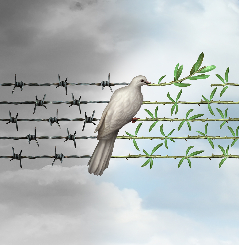 Dove on barbed wire and olive branches as a symbol for good will and respect for humanity and the globe.