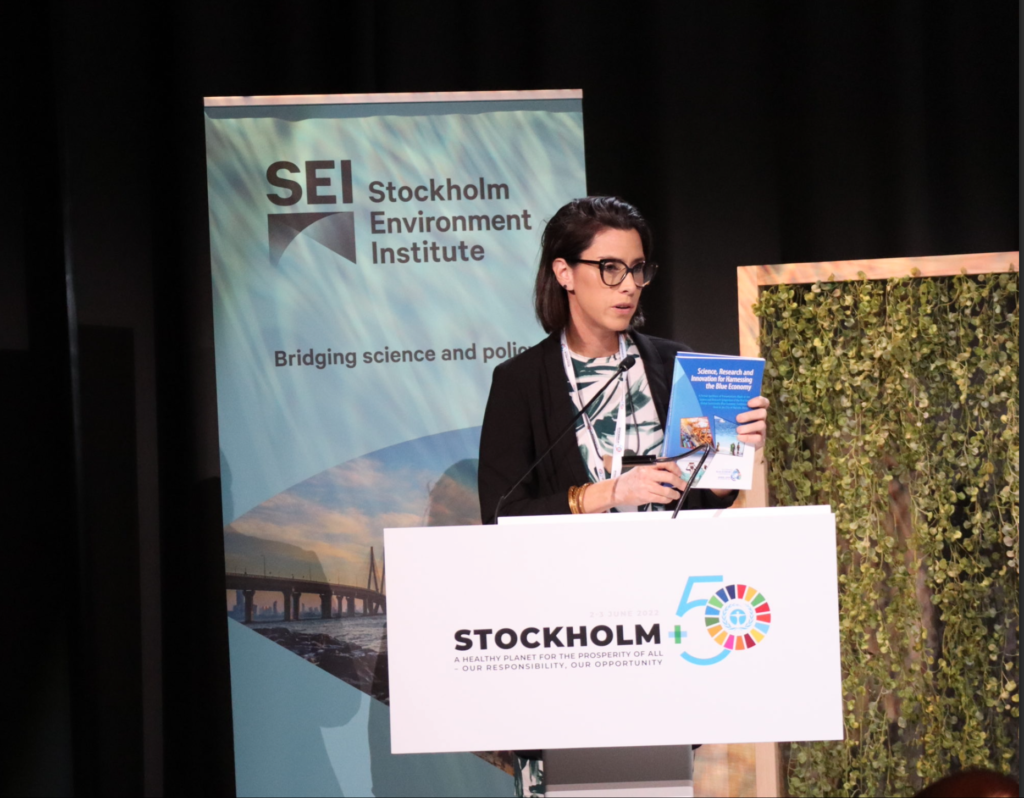 Dr Karina Barquet, Team Leader, Water, Coasts and Oceans, SEI HQ, speaking at the Stockholm +50 side event on Blue Economy, Sports and Environment. Photo: Brenda Ochola / SEI.